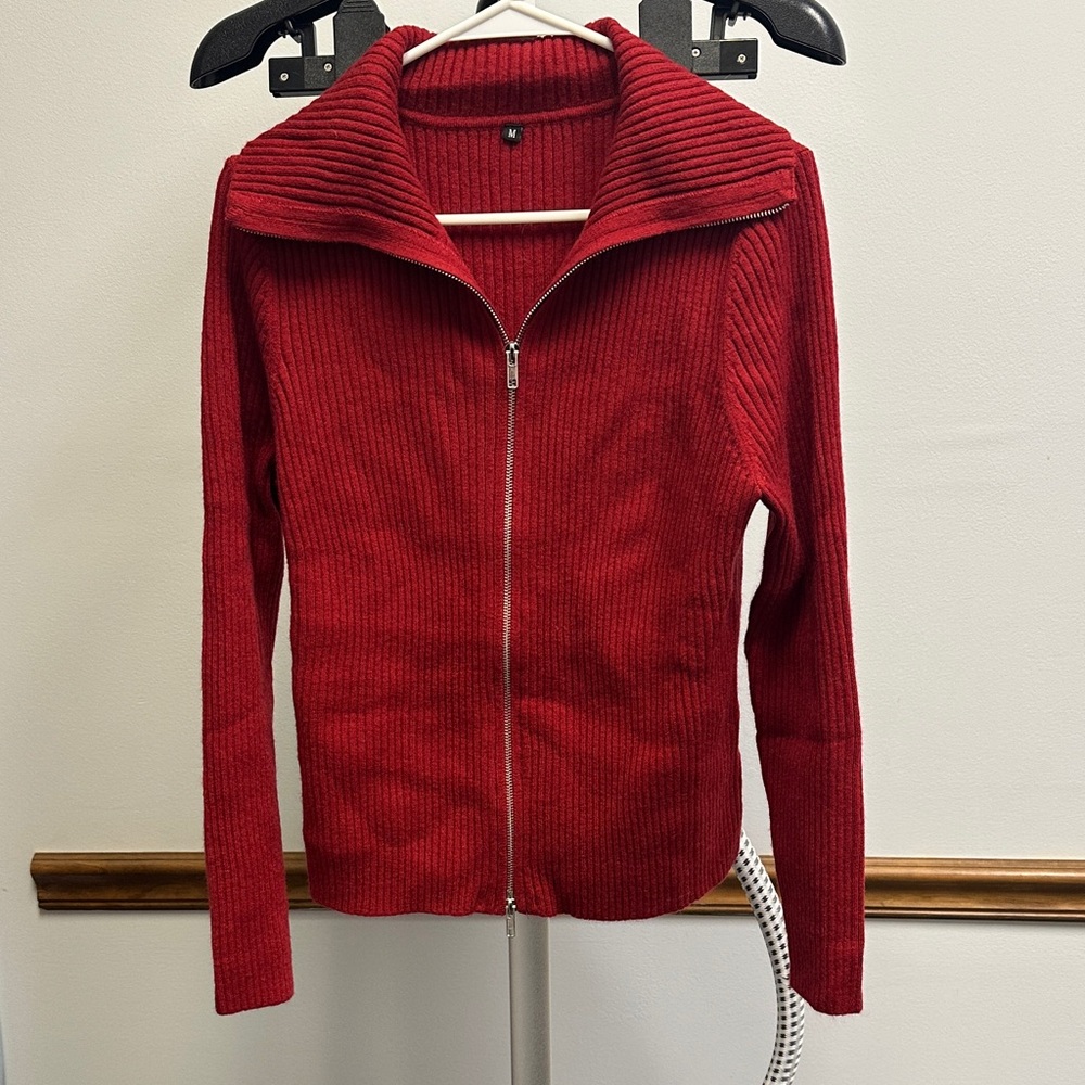 Arach & Cloz Red Ribbed Zip-Up Sweater